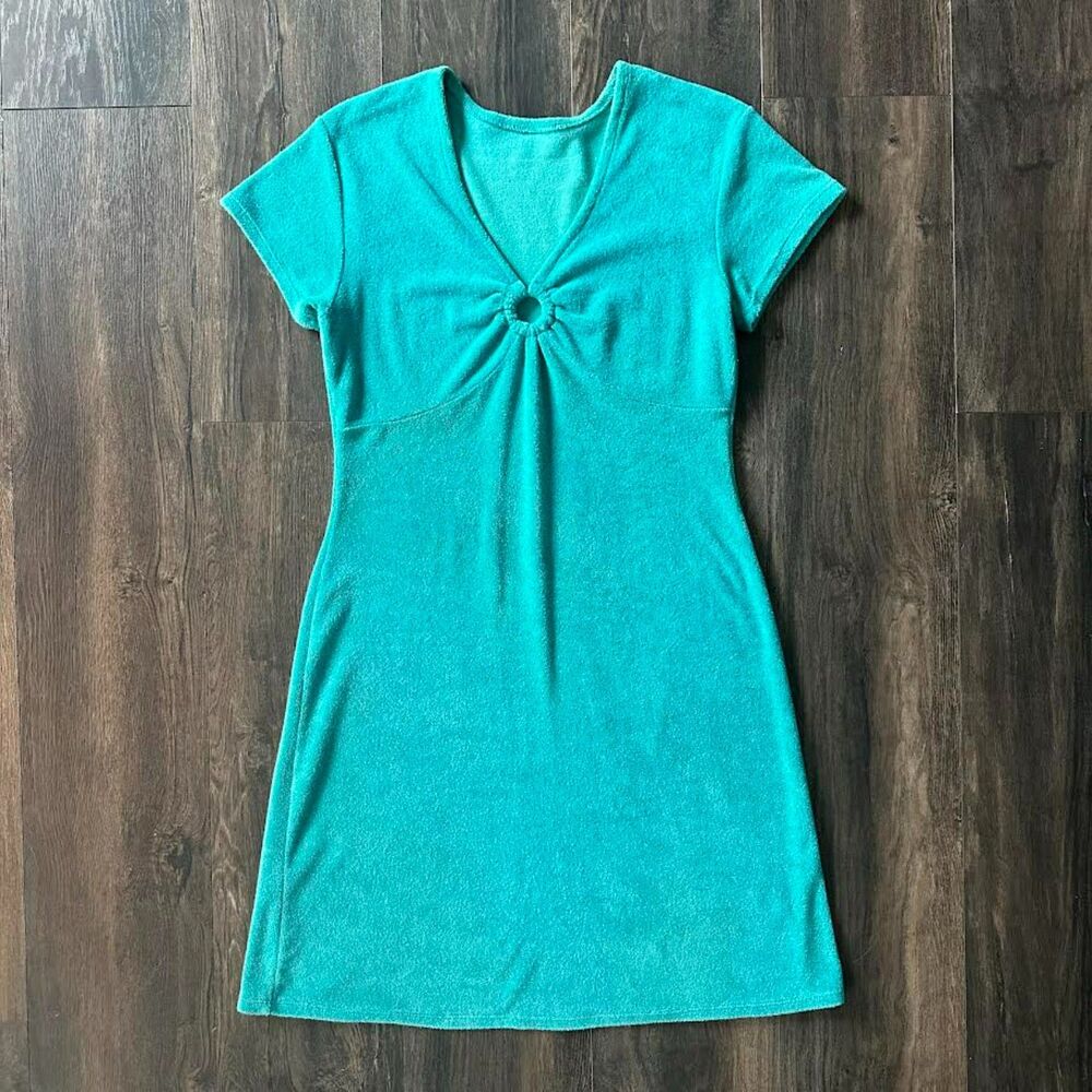 Vintage Terry Cloth Teal Blue Mini Dress Ring Keyhole V-Neck Cap Sleeve Medium
